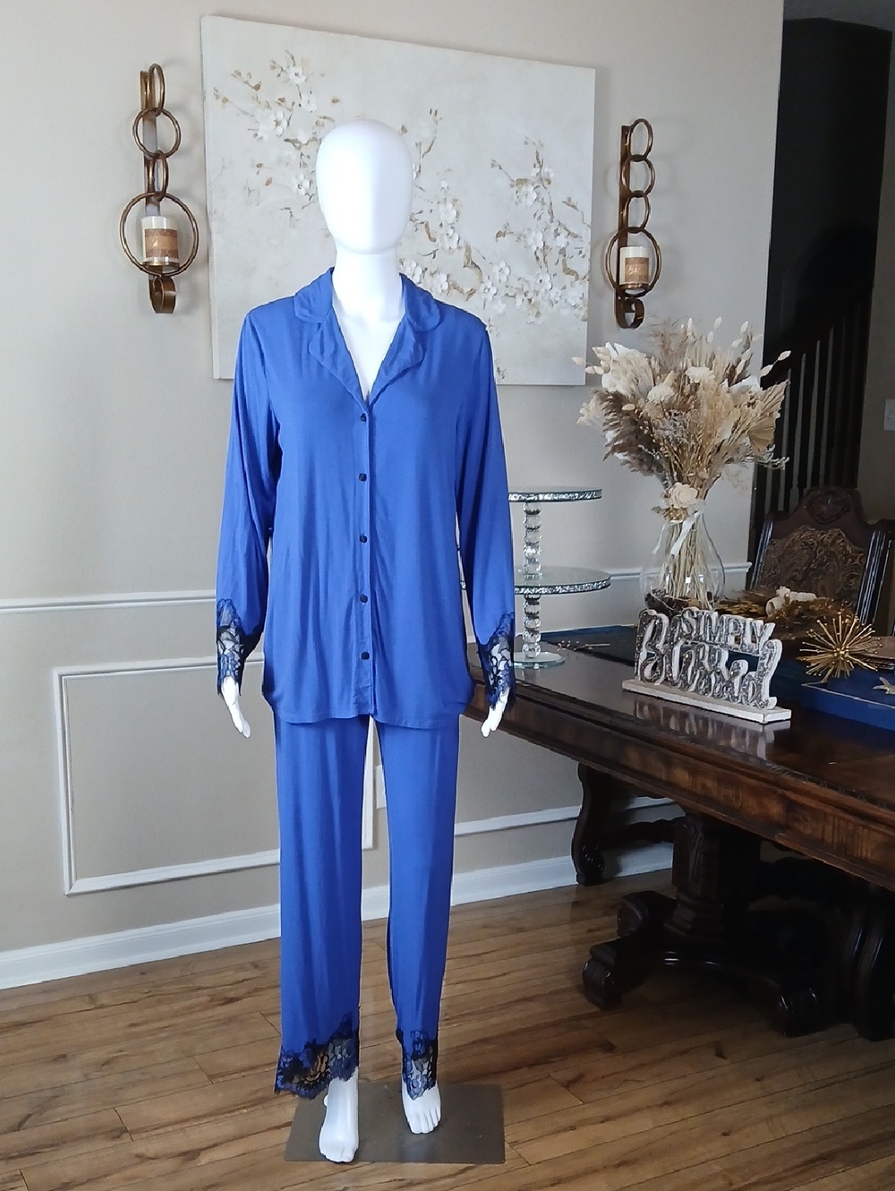 Soma Women's Blue With Black Lace-Trim Lounge Pajama Set Long Sleeves Medium